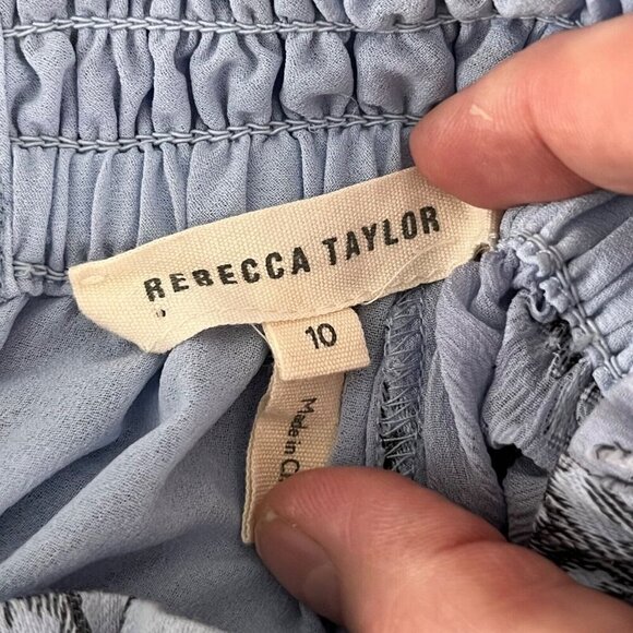 Rebecca Taylor Smocked Neck Silk Blend Rose Print Blouse‎ Light Blue Metallic 10 - Picture 8 of 11